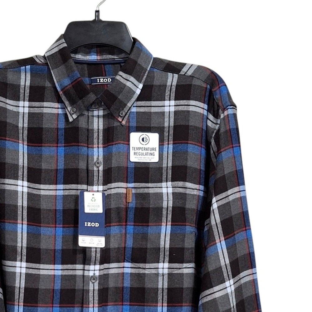 IZOD Shirt Large Gray Blue Plaid Temperature Regulating Button Down Wicking NWT